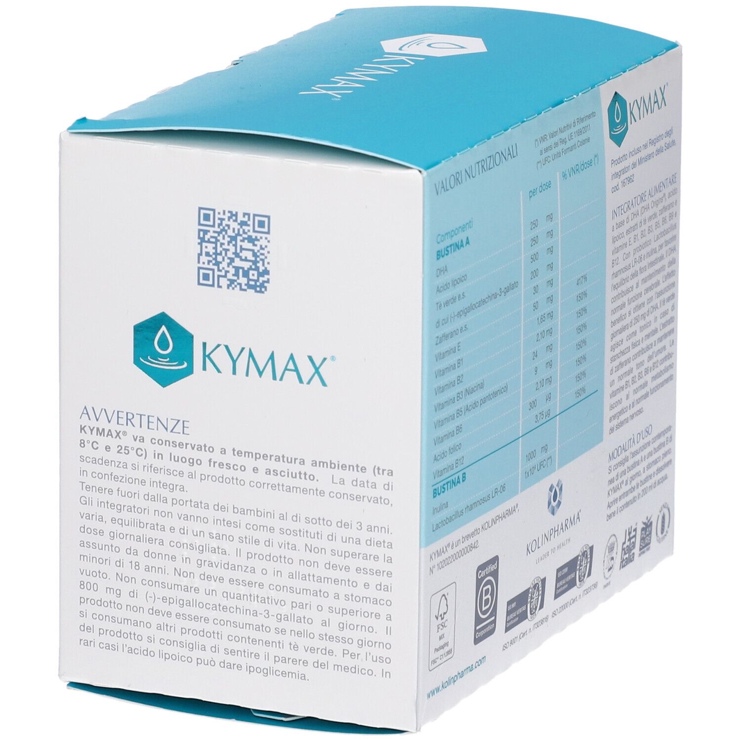 Scatola Kymax 15 Bustine. Scatola con avvertenze e informazioni nutrizionali. Colori blu e bianco.