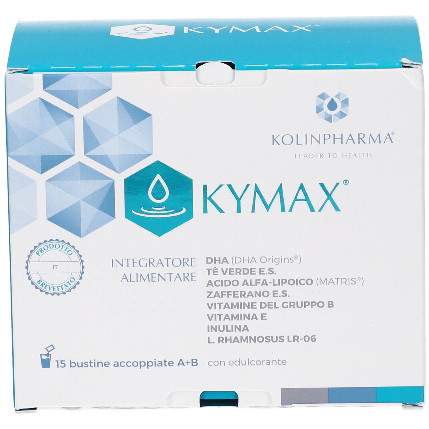 Scatola Kymax 15 Bustine. Confezione bianca e blu con nome del prodotto e ingredienti. Contiene 15 bustine.