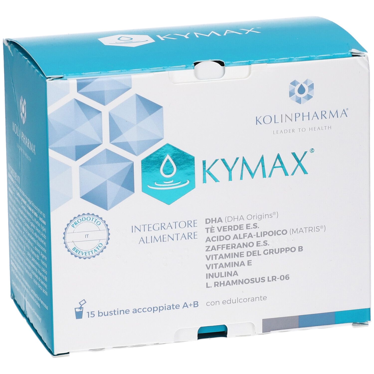 Scatola Kymax 15 Bustine. Confezione bianca e blu con nome del prodotto e ingredienti. Contiene 15 bustine.