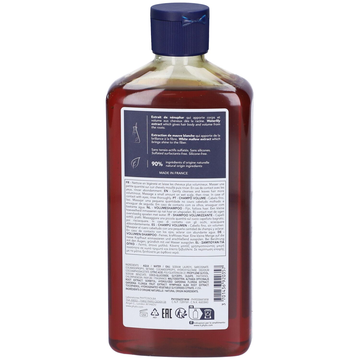 Retro del flacone di shampoo. Testo con ingredienti e informazioni. 90% ingredienti di origine naturale.