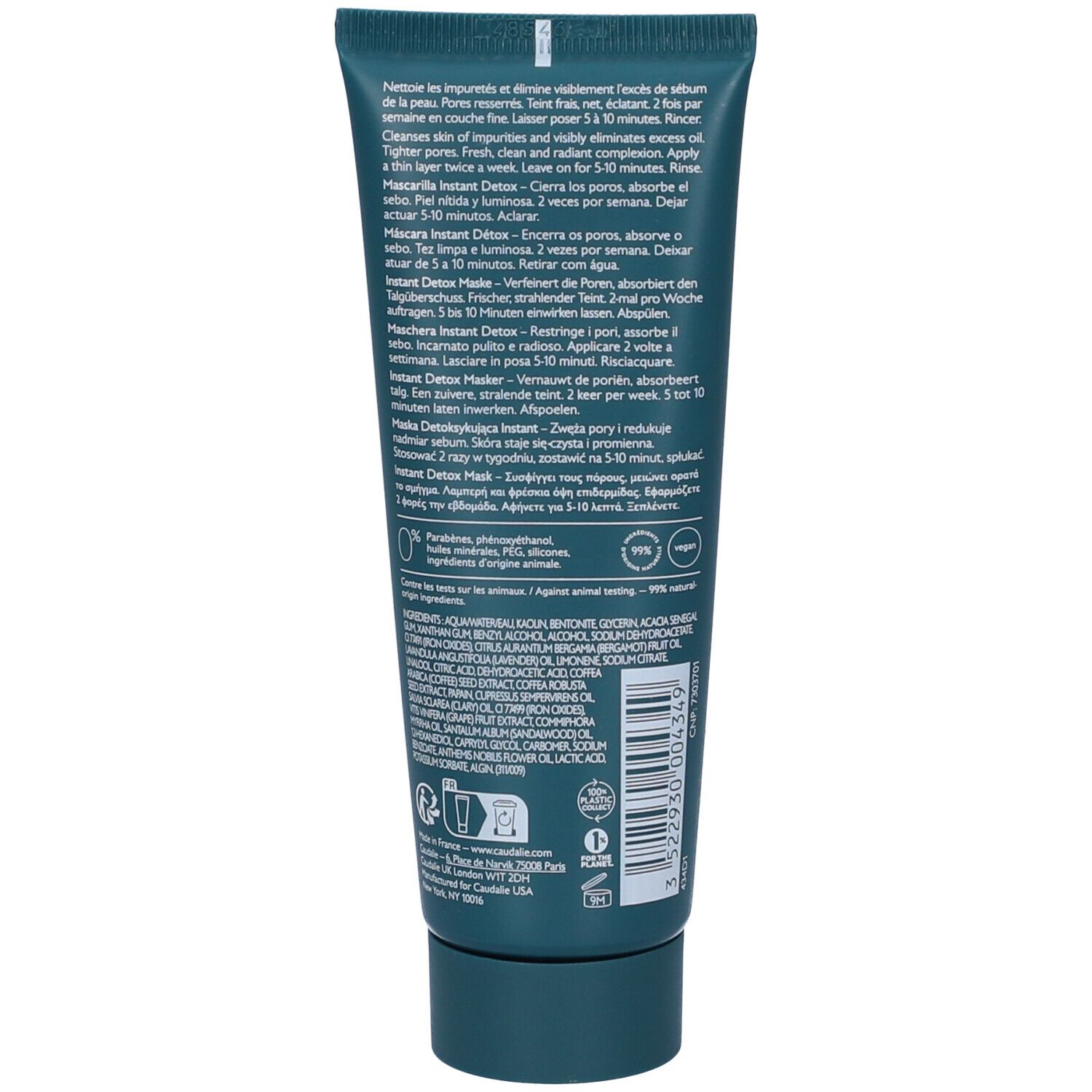 Retro di un tubo Caudalie Masque Instant Detox con istruzioni e ingredienti.