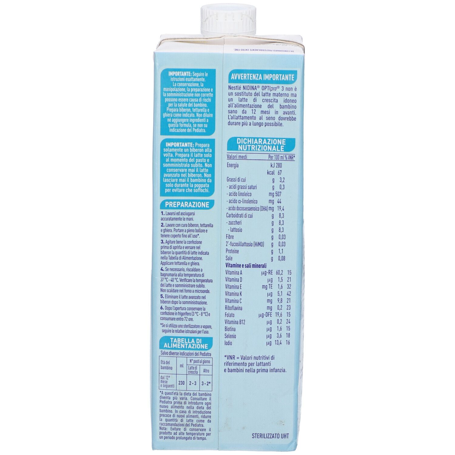 Retro della confezione bianca. Contiene istruzioni per la preparazione, informazioni nutrizionali e informazioni importanti.