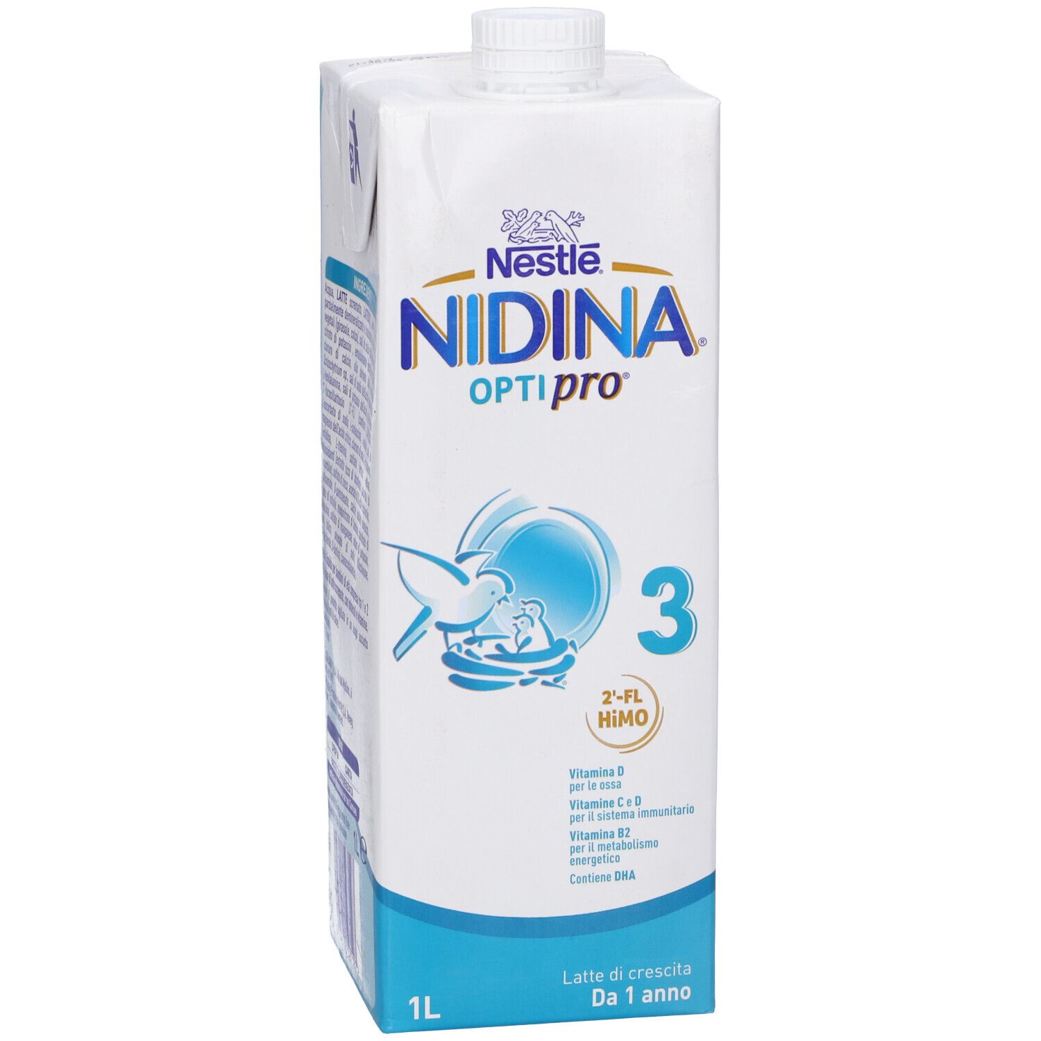 Confezione bianca Nidina Optipro 3 Nestlé. Scritte: logo, nome prodotto, numero 3, 1L, ingredienti, informazioni nutrizionali.