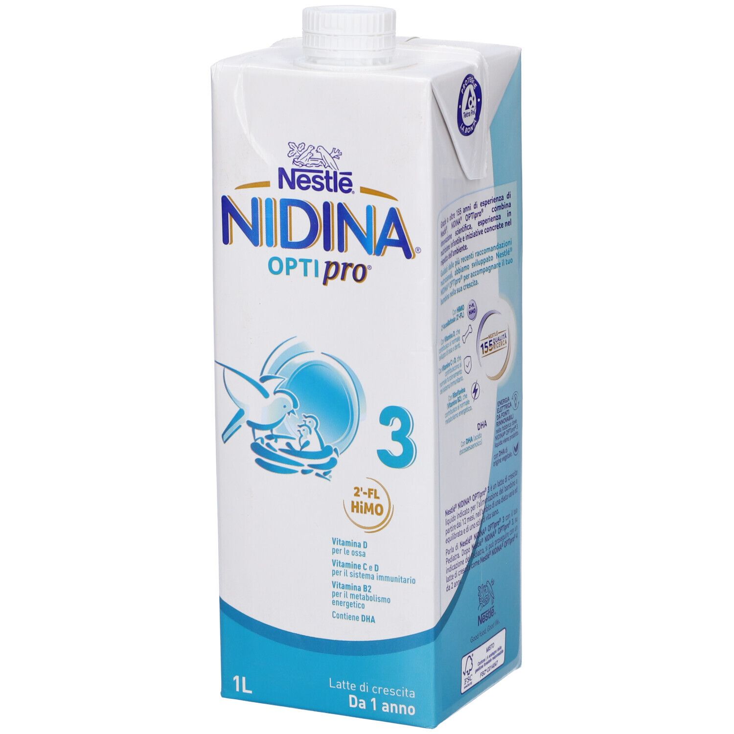 Confezione bianca Nidina Optipro 3 Nestlé. Scritte: logo, nome prodotto, numero 3, 1L, ingredienti, informazioni nutrizionali.