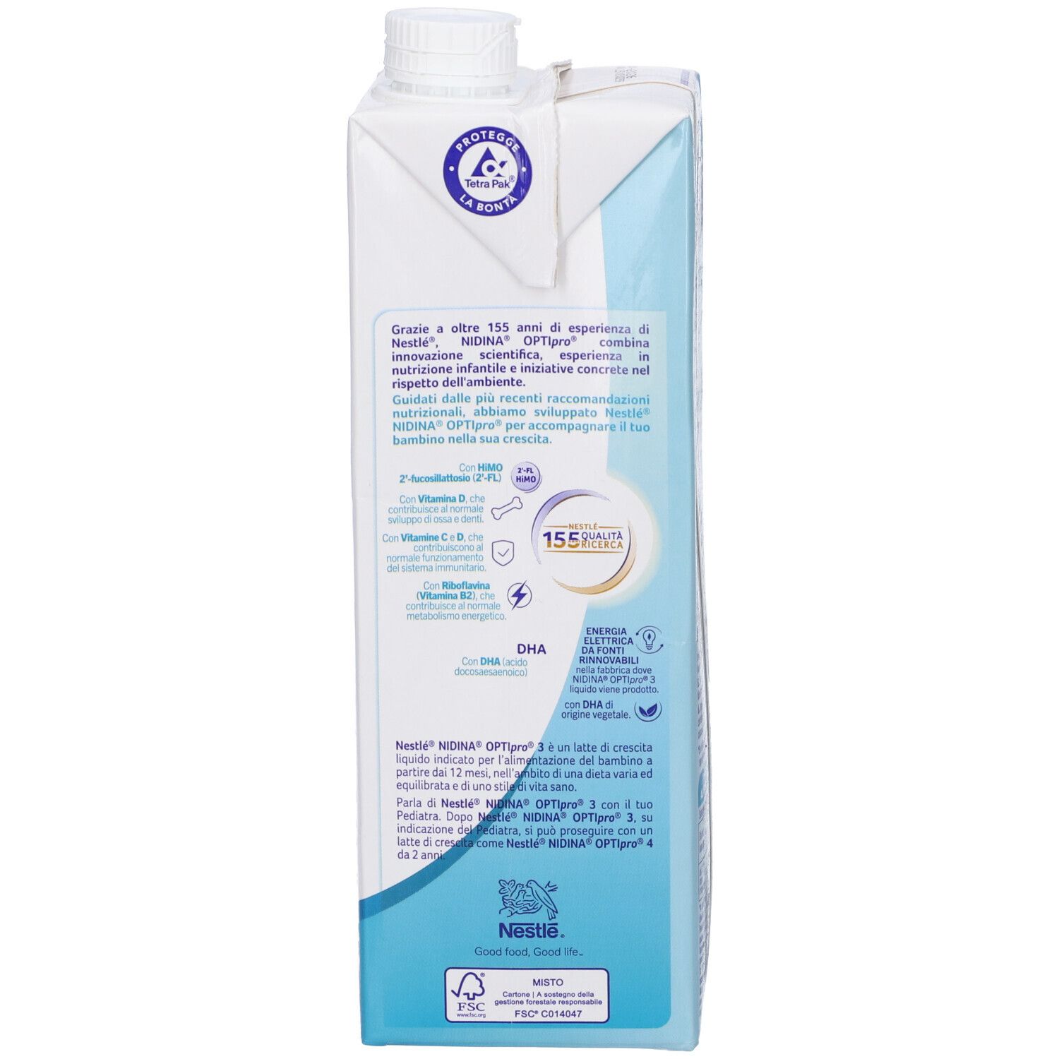 Retro della confezione bianca. Contiene informazioni Nestlé, 155 anni di esperienza, ingredienti e certificazioni.