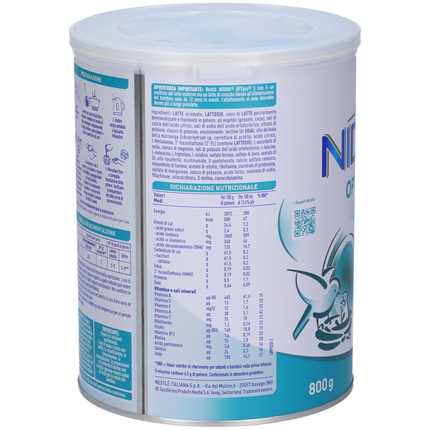 Lattina da 800g di latte in polvere per bambini con informazioni nutrizionali e istruzioni per la preparazione.
