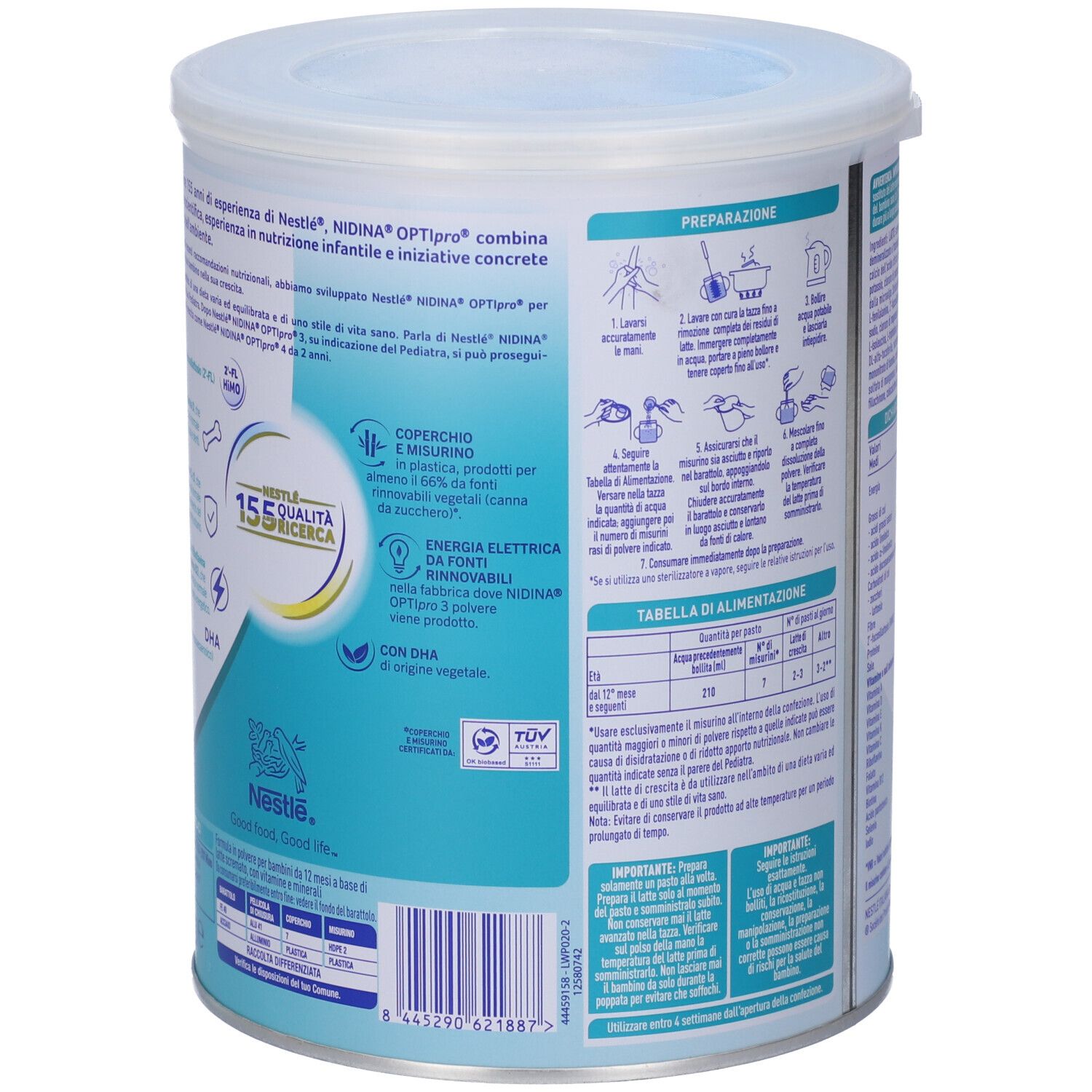 Lattina di latte in polvere Nestlé Nidina Optipro con istruzioni per la preparazione e tabella nutrizionale.