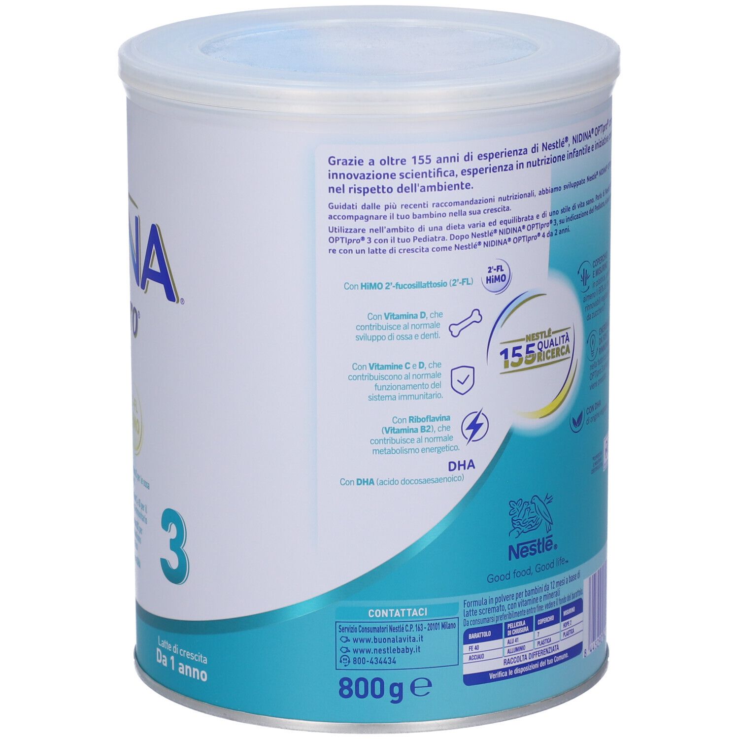 Lattina da 800g di latte in polvere 'Bambina 3'. Contiene nutrienti essenziali come DHA.