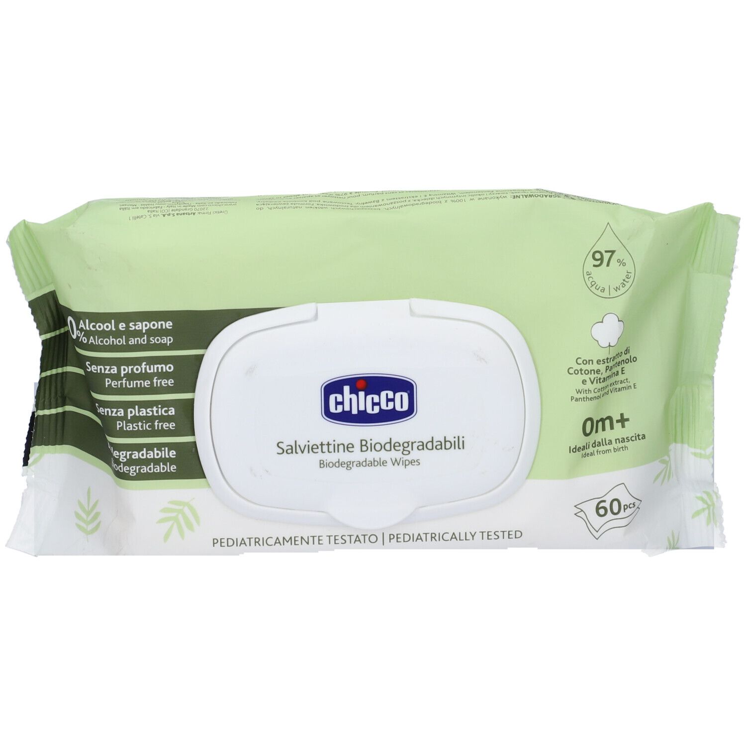 Confezione di salviettine Chicco. Coperchio bianco, confezione verde. Testo: 'Salviettine biodegradabili'.