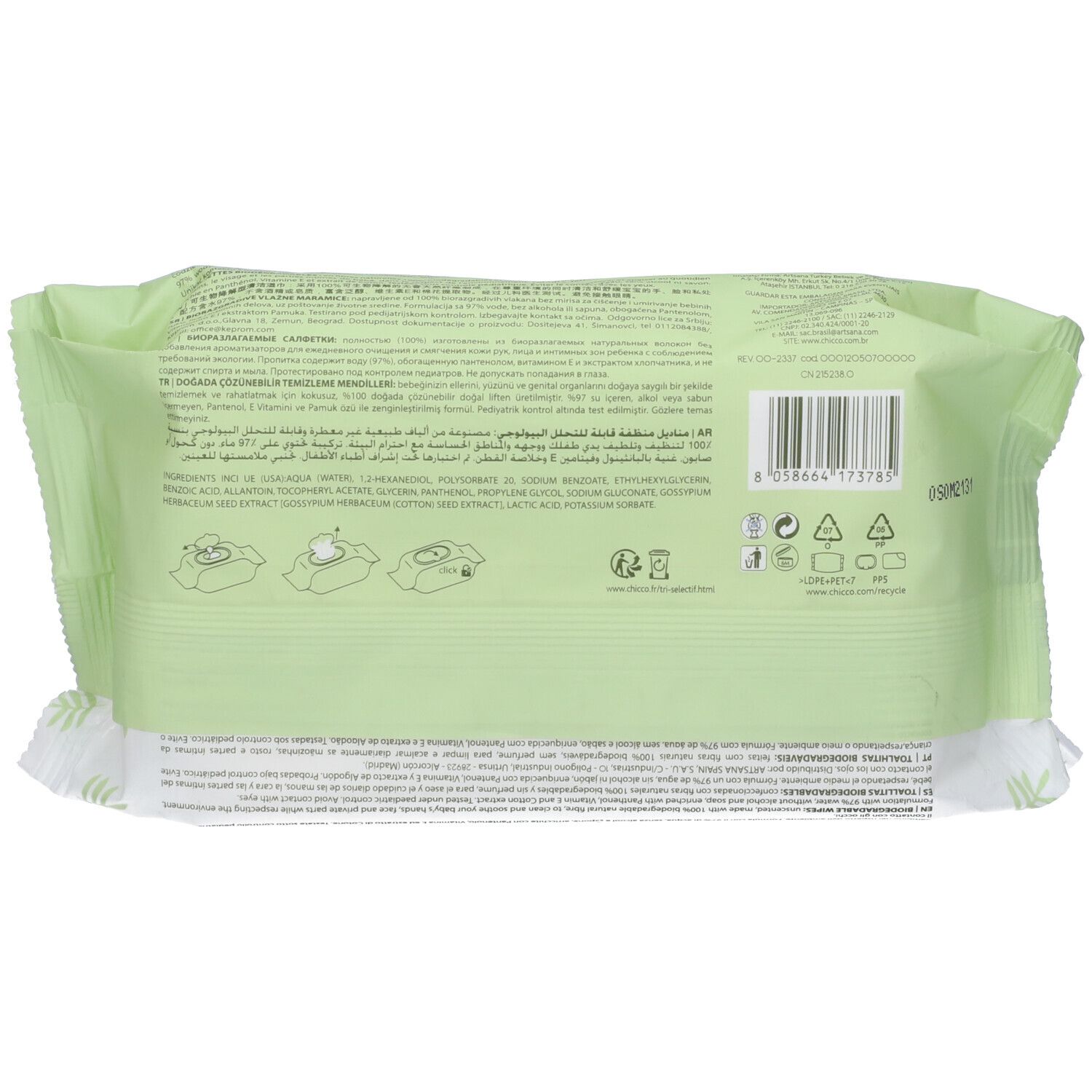 Retro della confezione di salviettine Chicco. Confezione verde con testo e simboli.