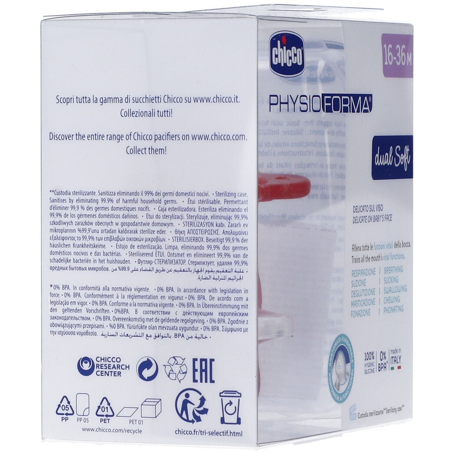 Retro della confezione del succhietto Chicco. Testo multilingue. Informazioni su sterilizzazione e riciclo.