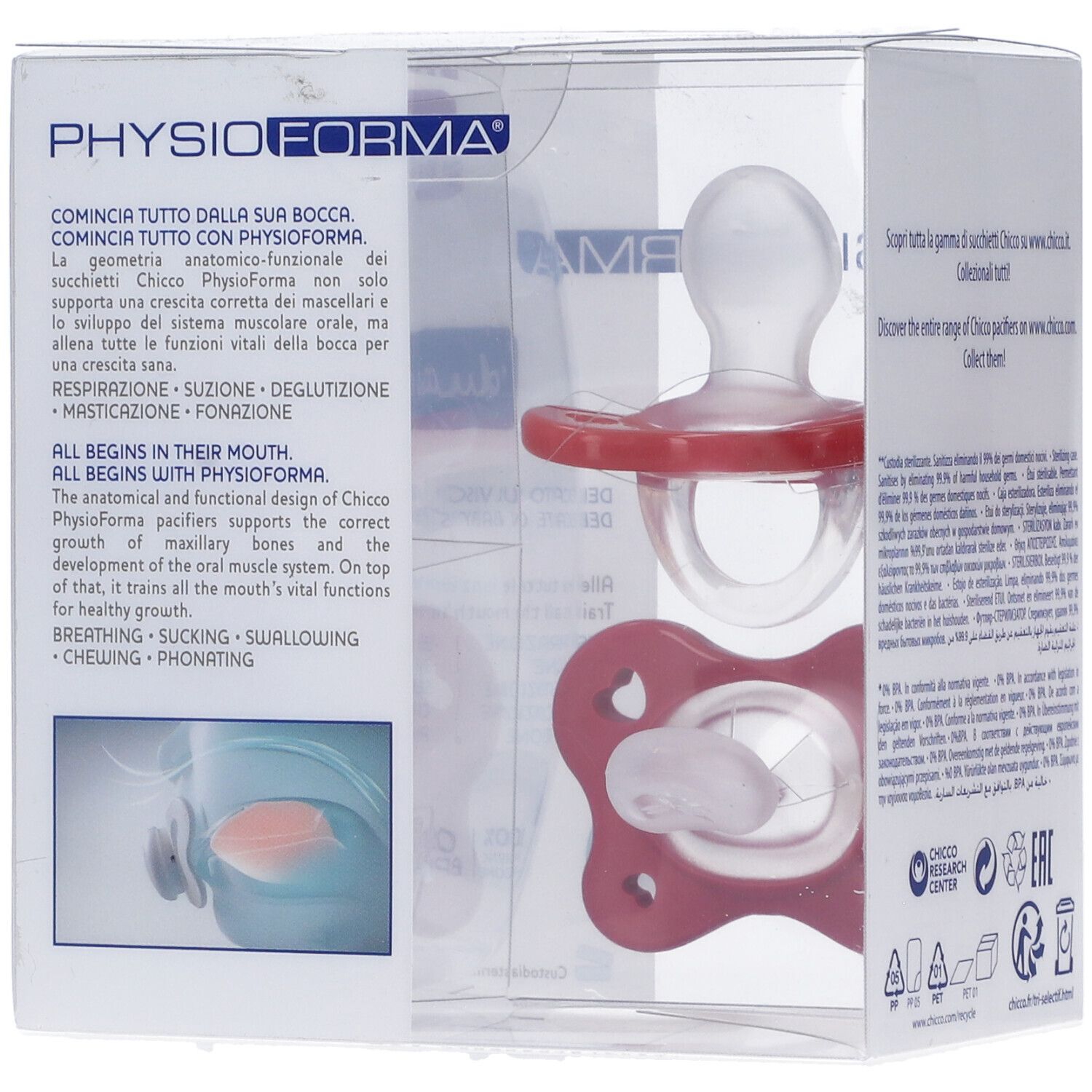 Succhietto Chicco in confezione. Tettarella e scudo rosa. Design PhysioForma. Testo sullo sviluppo orale.