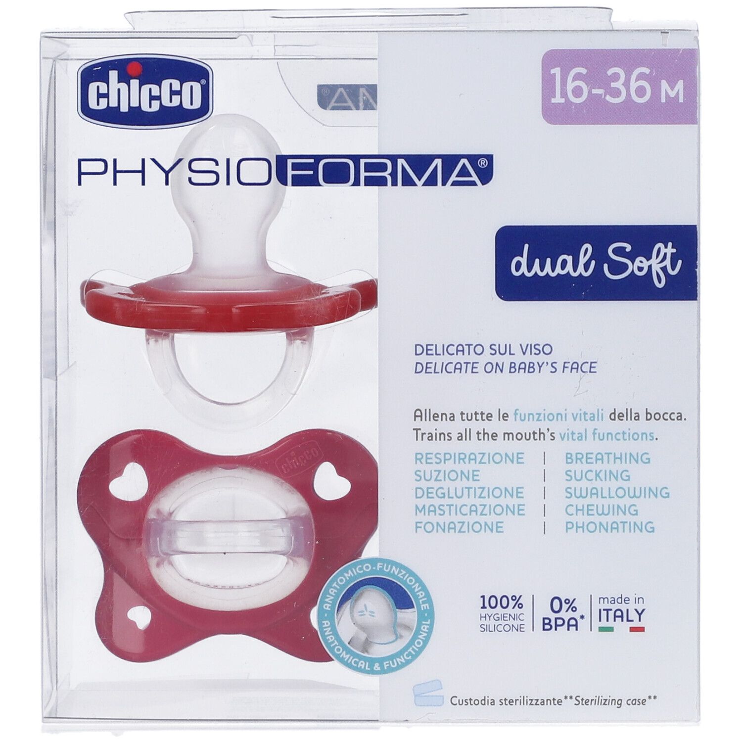 Succhietto Chicco, 16-36 mesi, in confezione. Tettarella e scudo rosa. Design PhysioForma. Dual Soft.