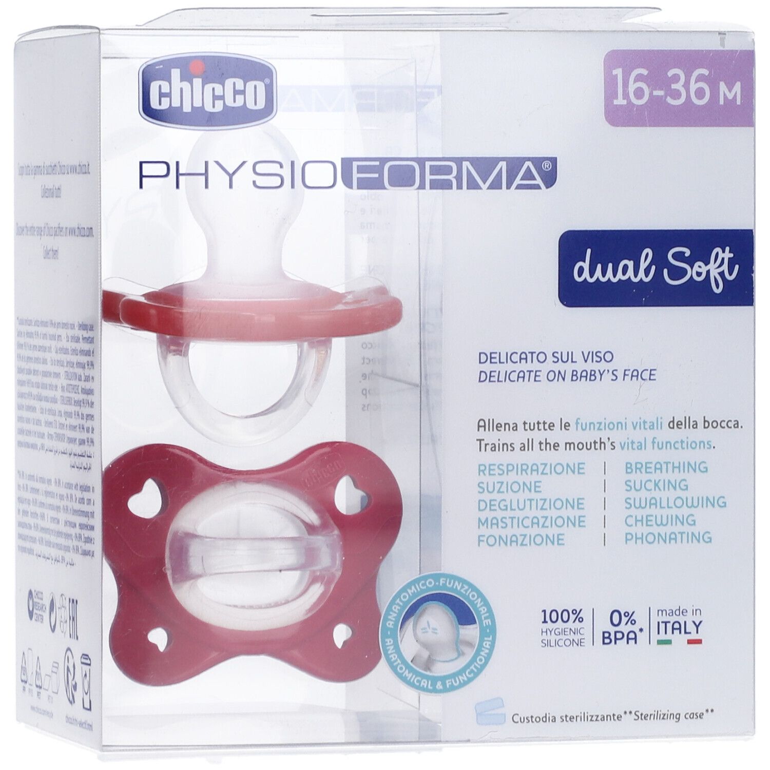 Succhietto Chicco, 16-36 mesi, in confezione. Tettarella e scudo rosa. Design PhysioForma. Dual Soft.