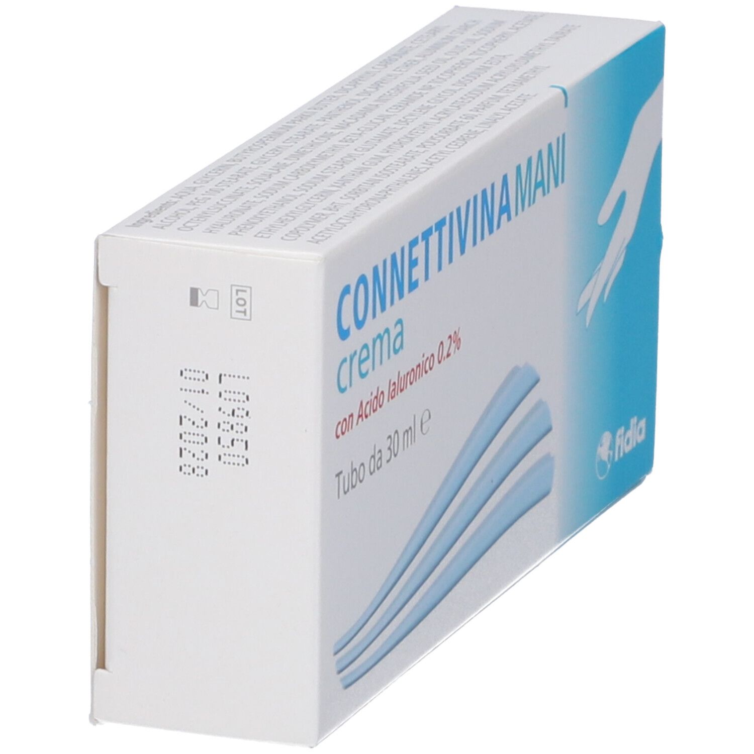 Vista obliqua della confezione di Connettivinamani Crema. Bianca e blu, con nome e logo.