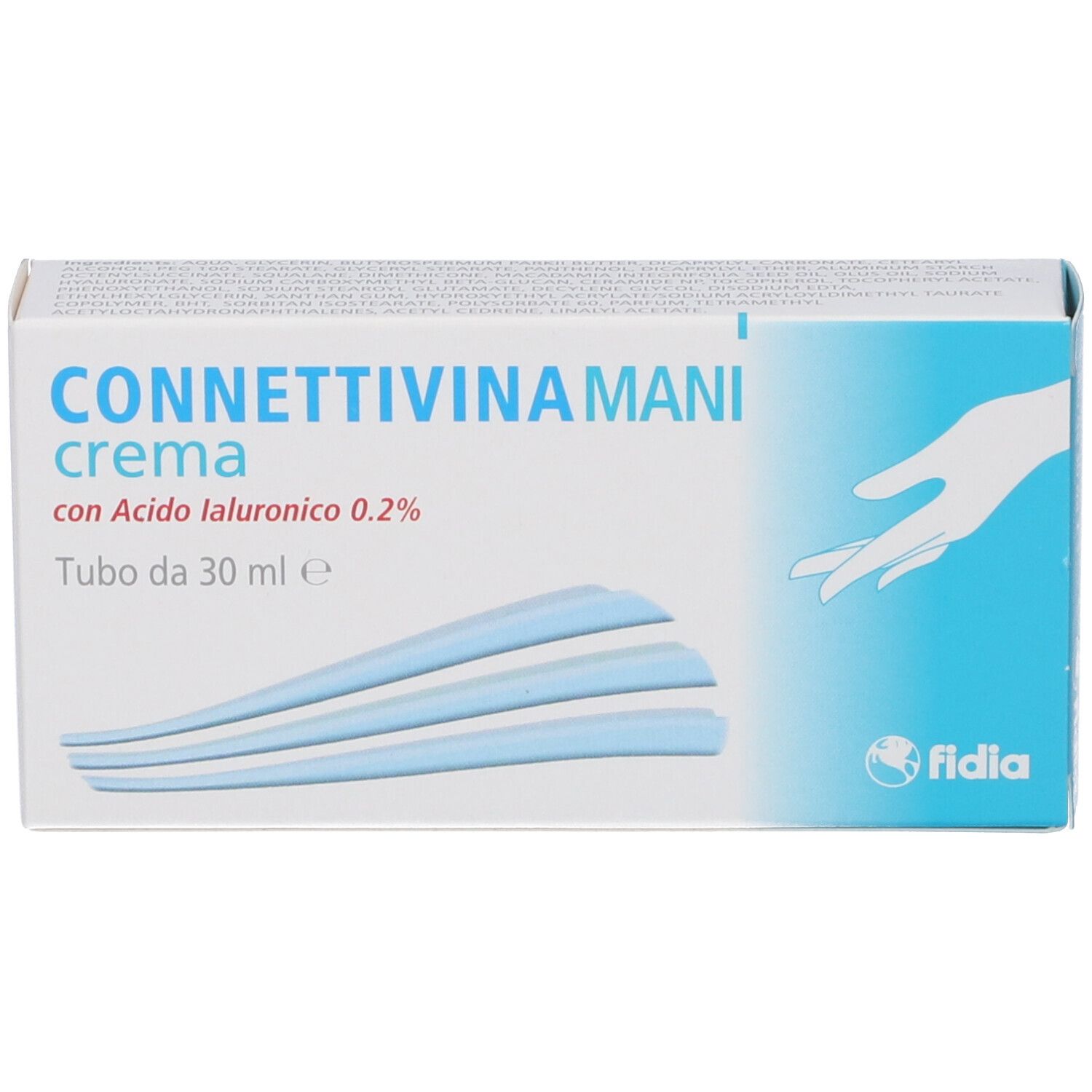 Confezione di Connettivinamani Crema. Bianca e blu, con nome del prodotto e illustrazione della mano.
