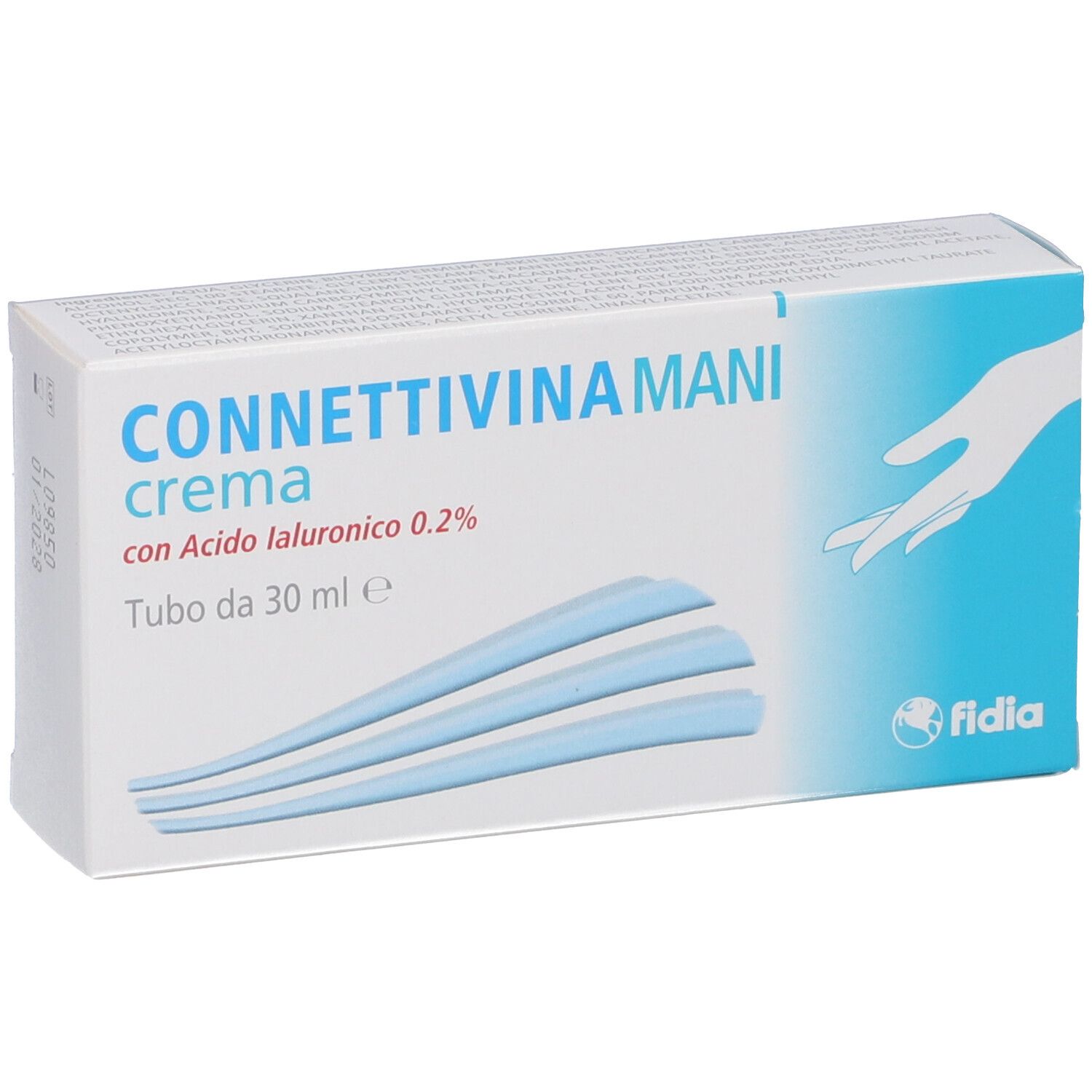 Confezione di Connettivinamani Crema. Bianca e blu, con nome del prodotto e illustrazione della mano.