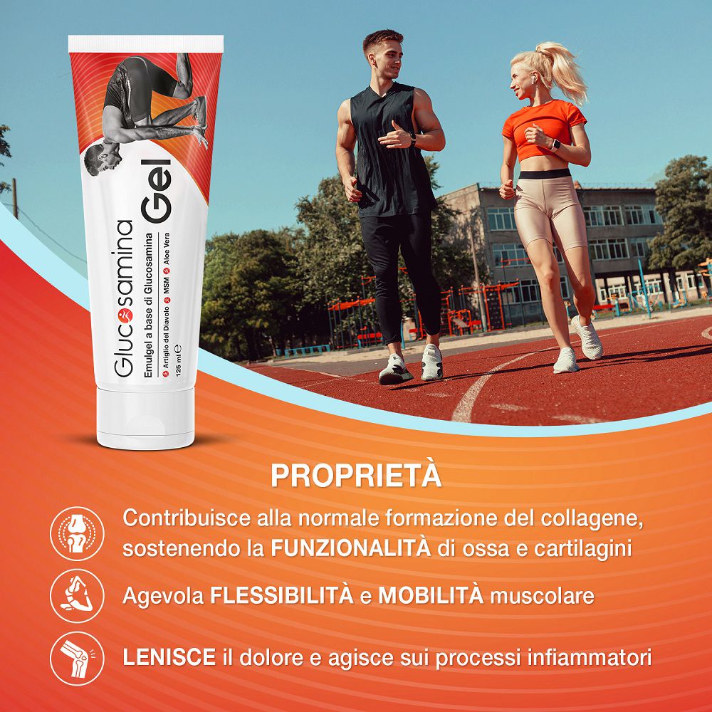 Tubo di Glucosamina Gel accanto a corridori su pista.