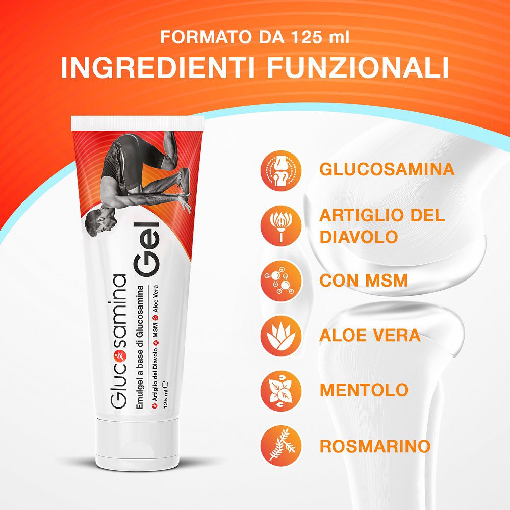Tubo di Glucosamina Gel con elenco degli ingredienti funzionali.