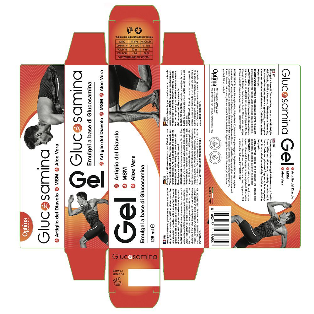 Scatola Glucosamina Gel aperta con informazioni sul prodotto.