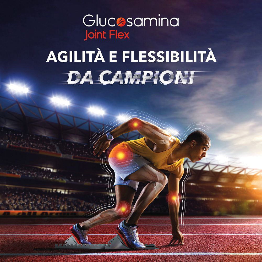 Corridore sui blocchi di partenza con articolazioni evidenziate, nome prodotto Glucosamina Joint Flex.