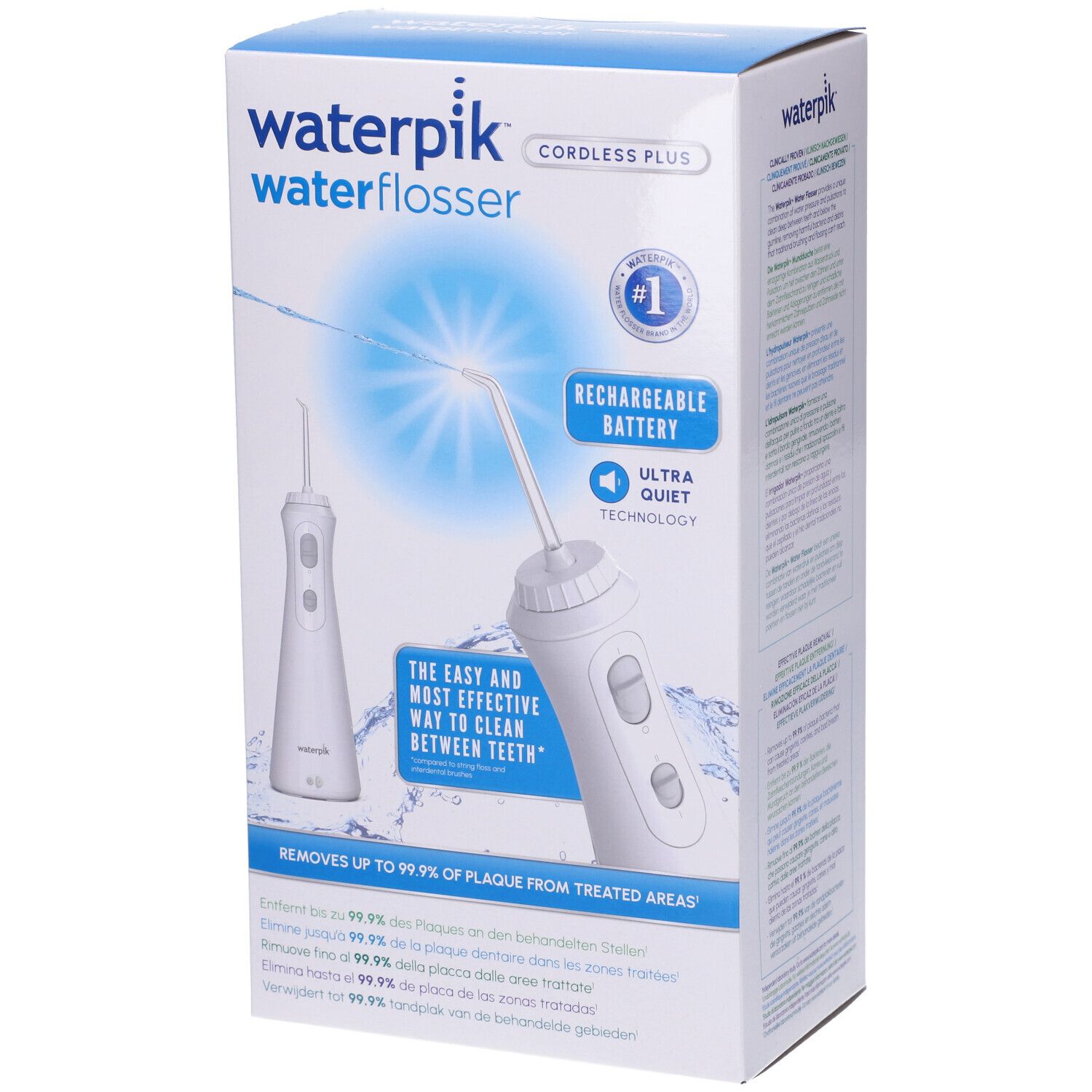 Confezione Waterpik. Contiene informazioni sull'idropulsore, inclusa la funzione batteria.