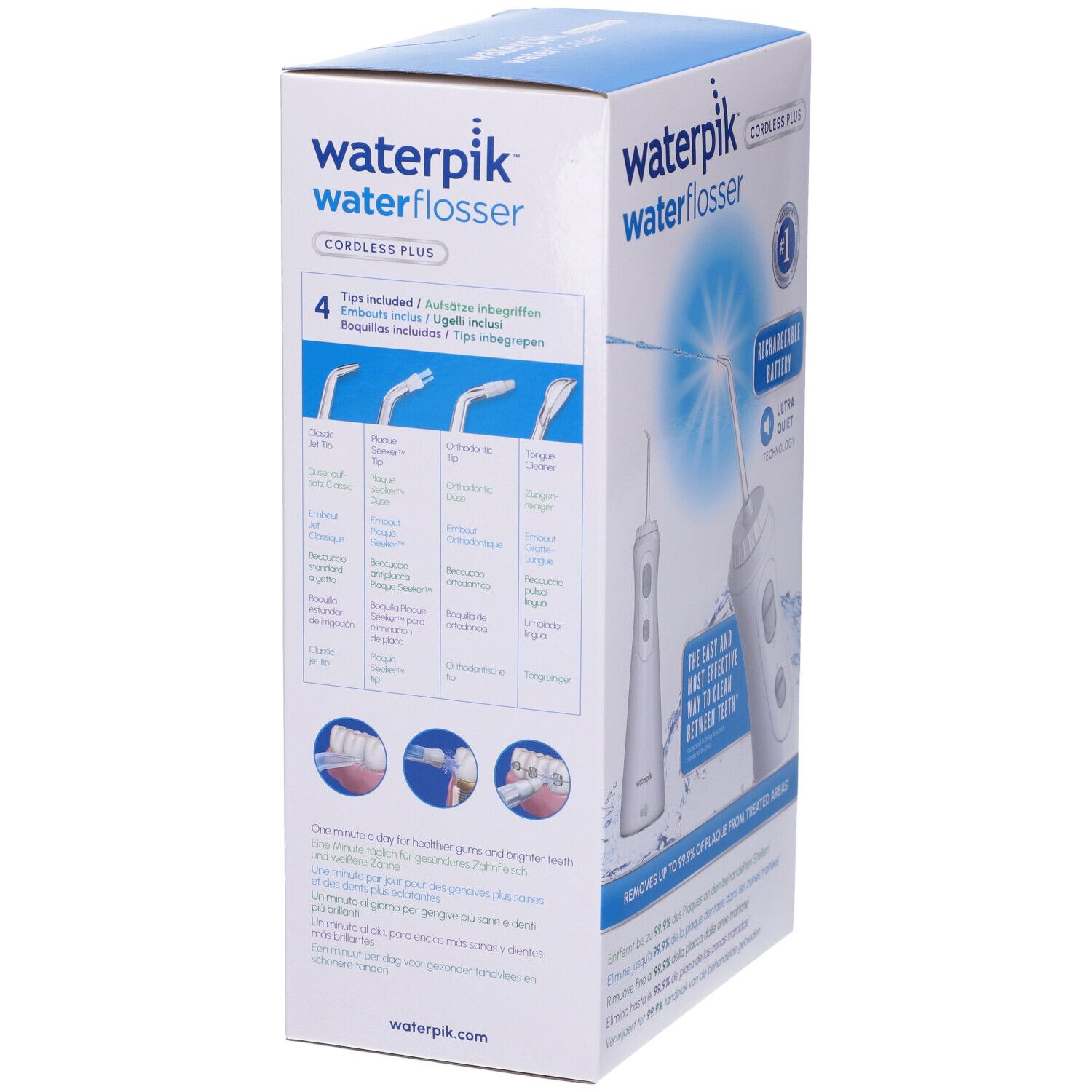 Confezione Waterpik. Mostra diversi ugelli e il loro utilizzo.