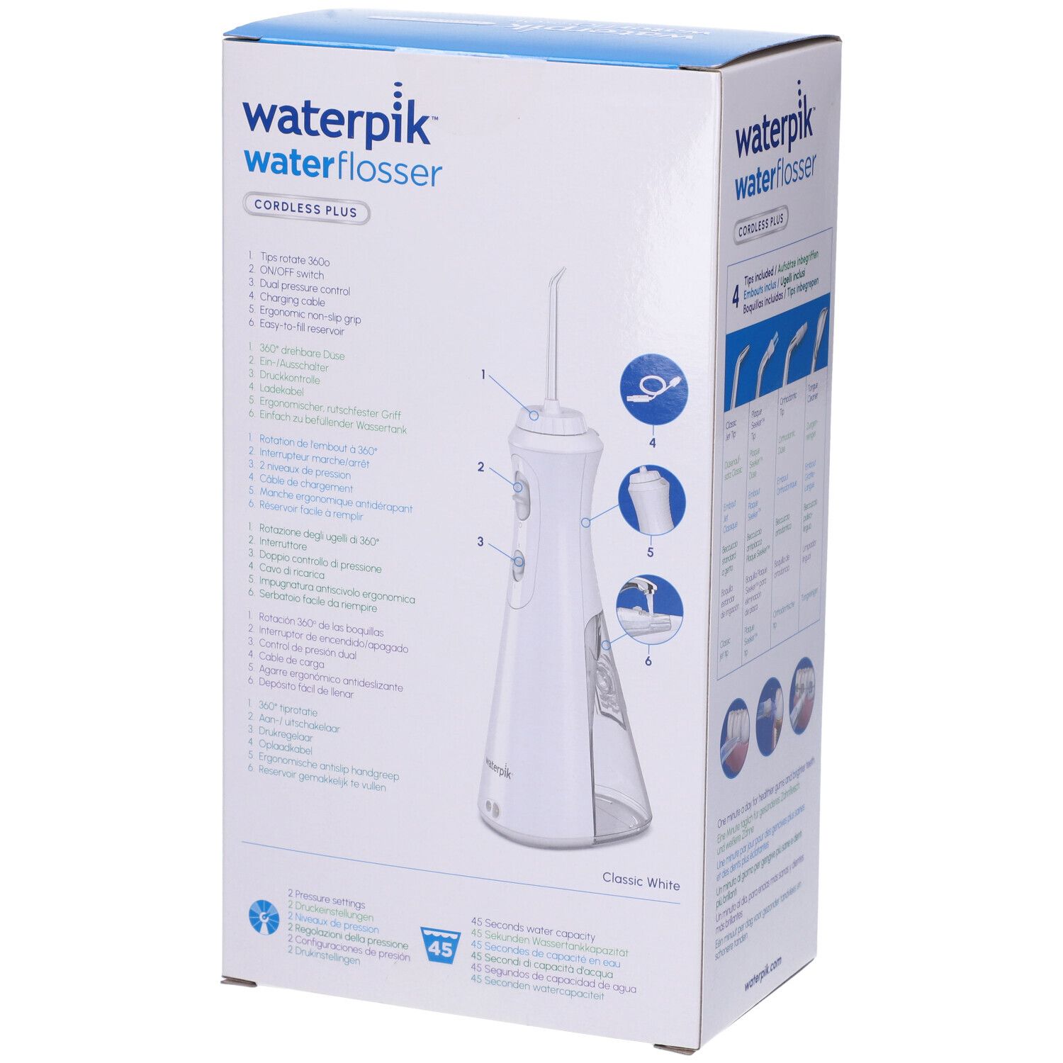 Confezione Waterpik. Retro con informazioni e illustrazioni del prodotto.