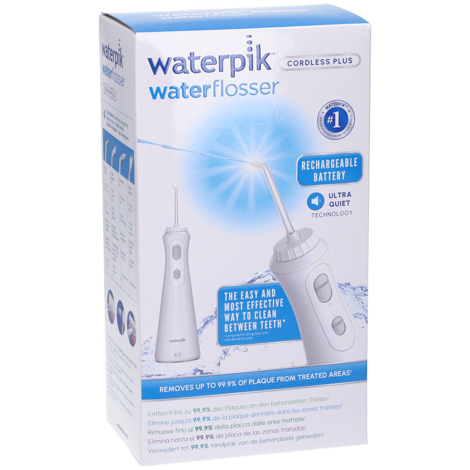 Confezione Waterpik. Mostra informazioni sull'idropulsore e la funzione batteria.