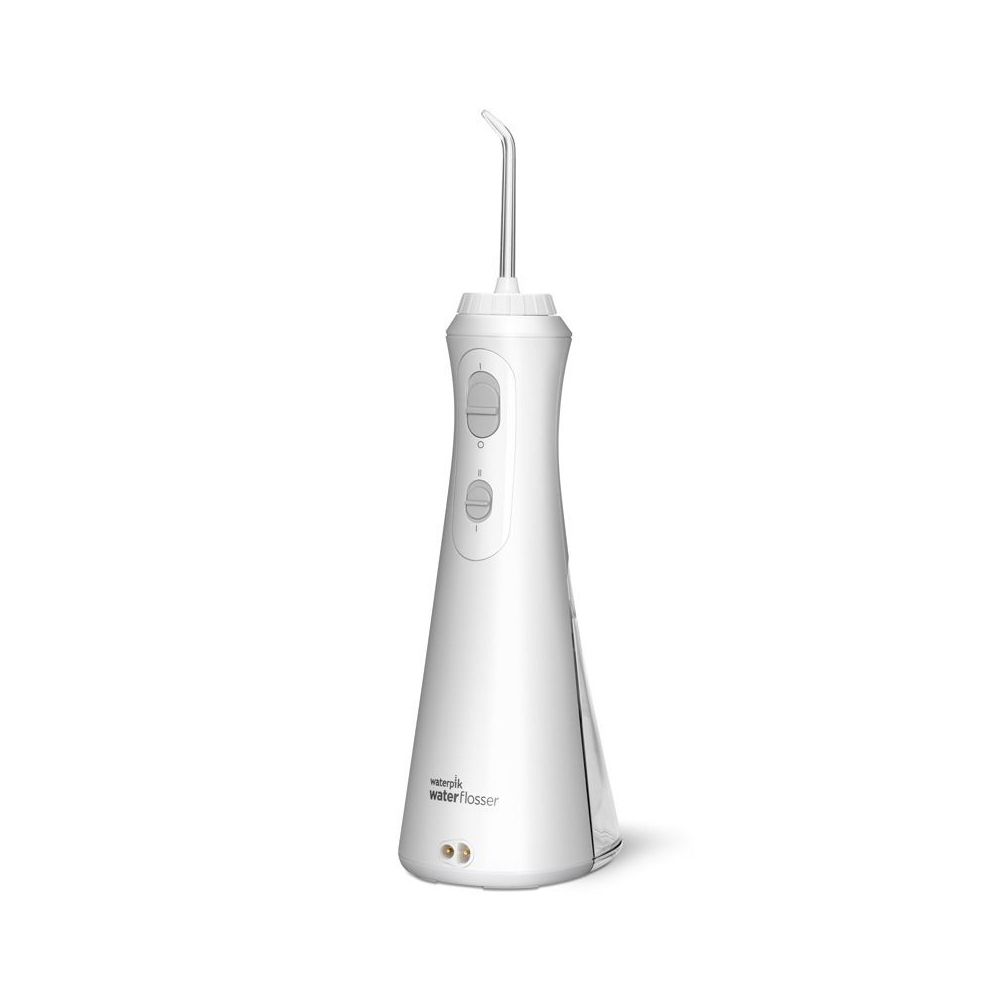 Idropulsore Waterpik bianco. Design sottile con due pulsanti e ugello. Corpo bianco.