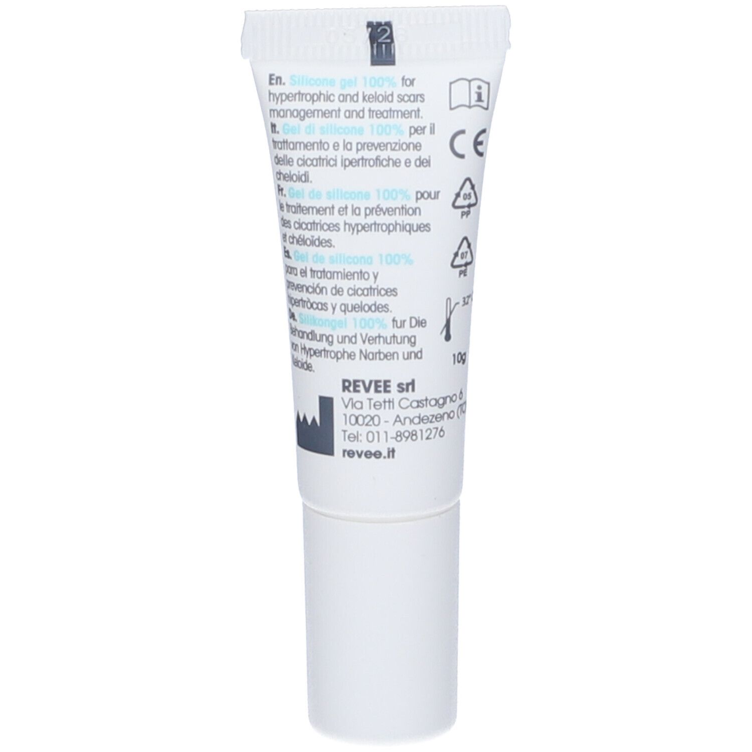 Retro del tubo di Revee Scar Gel. Informazioni multilingue sul prodotto. Marchio CE.