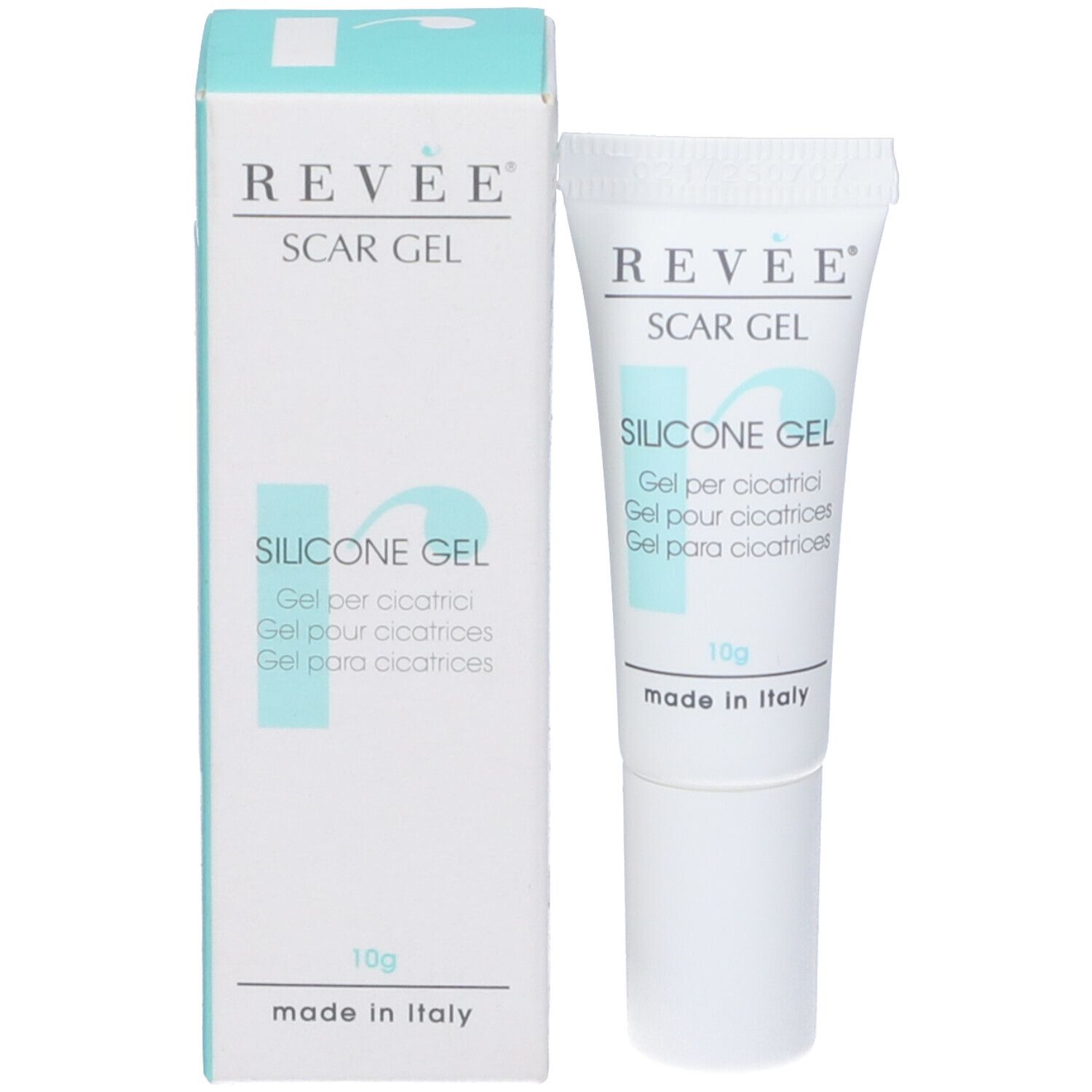 Tubo e scatola di Revee Scar Gel. Scritto: Silicone Gel, 10g, made in Italy. Scritte multilingue.