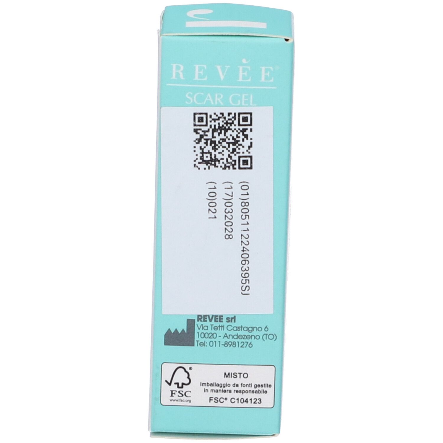 Retro della scatola di Revee Scar Gel. Codice QR, informazioni sul prodotto, certificazione FSC.