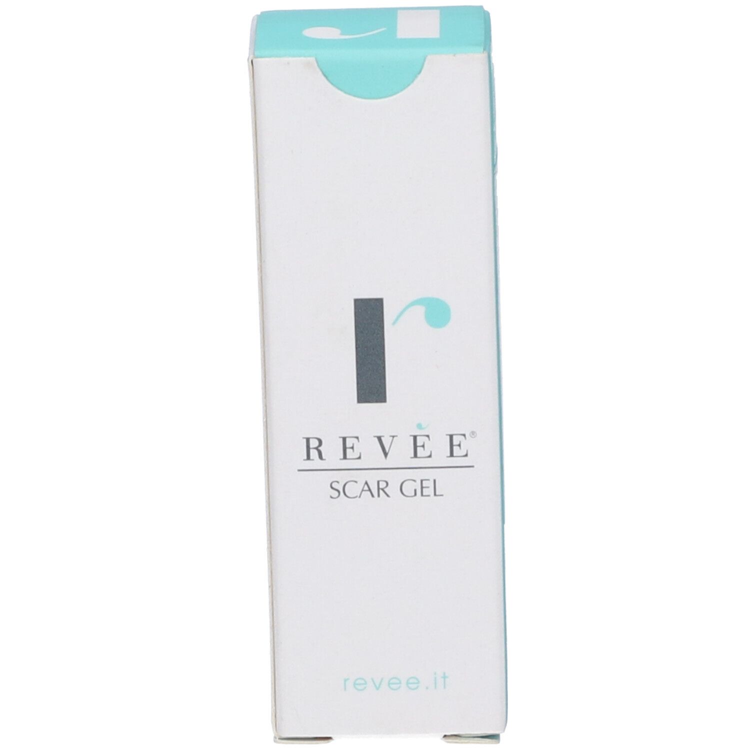 Scatola di Revee Scar Gel. Logo, nome del prodotto, indirizzo del sito web.