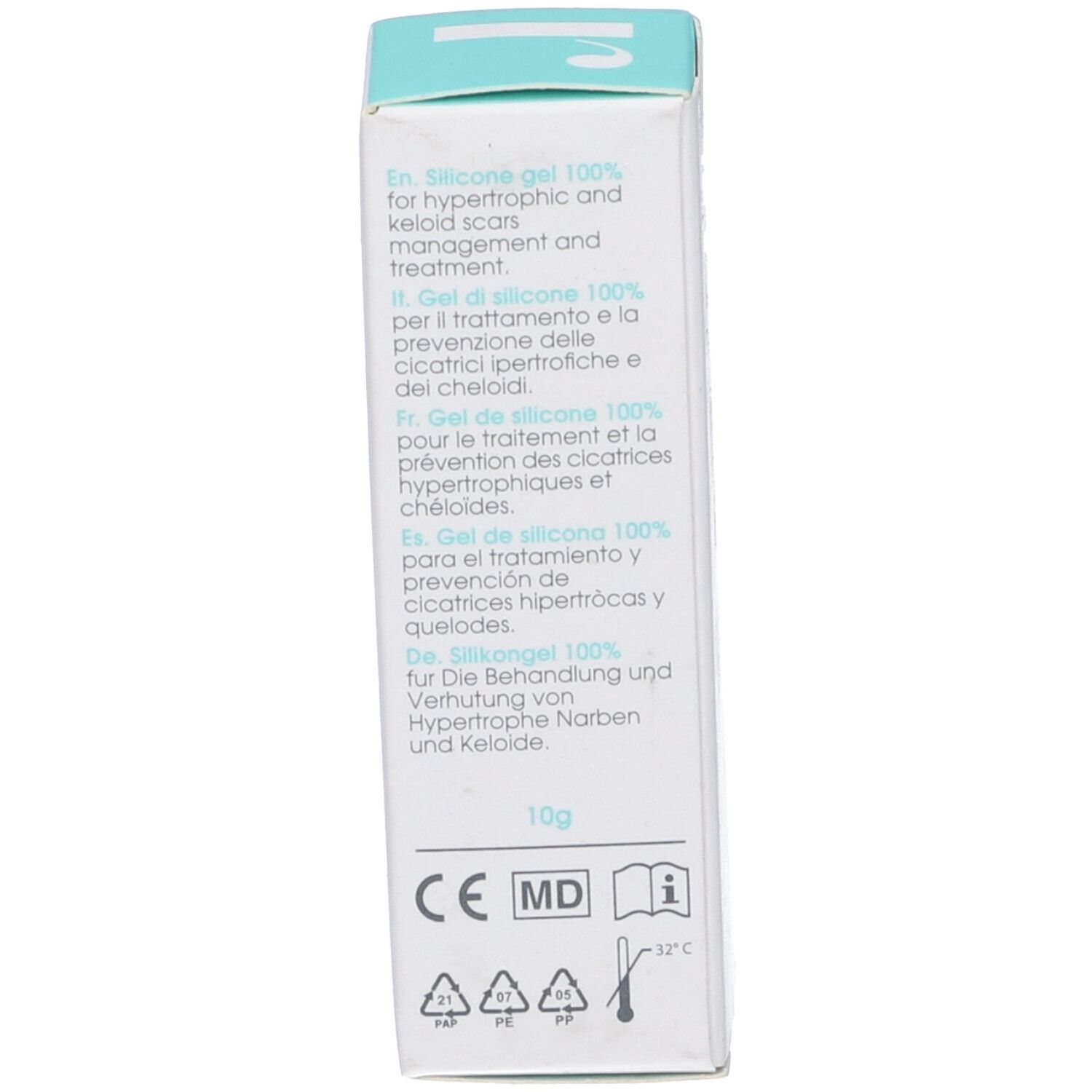 Lato della scatola di Revee Scar Gel. Informazioni multilingue sul prodotto, marchio CE.