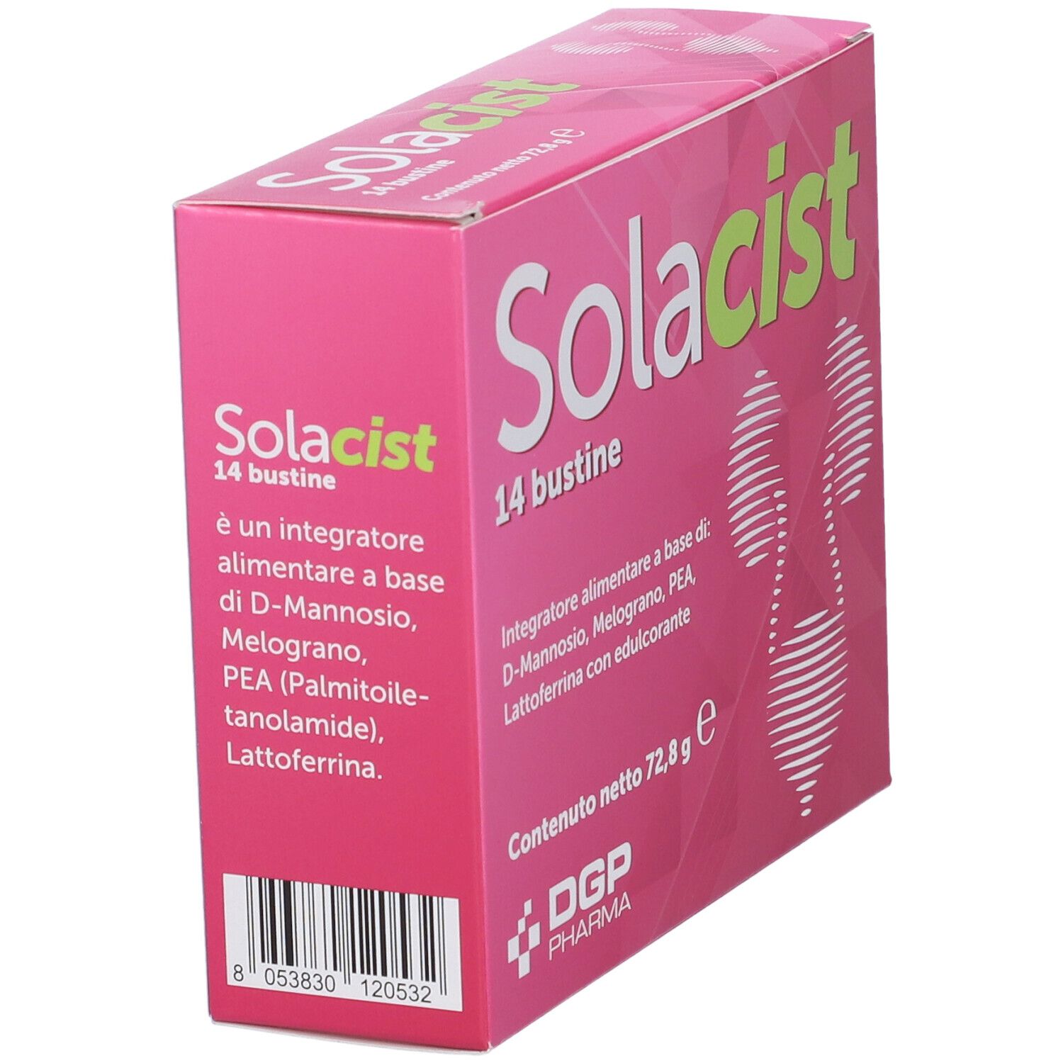 Scatola rosa inclinata con Solacist e 14 bustine. Mostra informazioni sul prodotto e codice a barre.