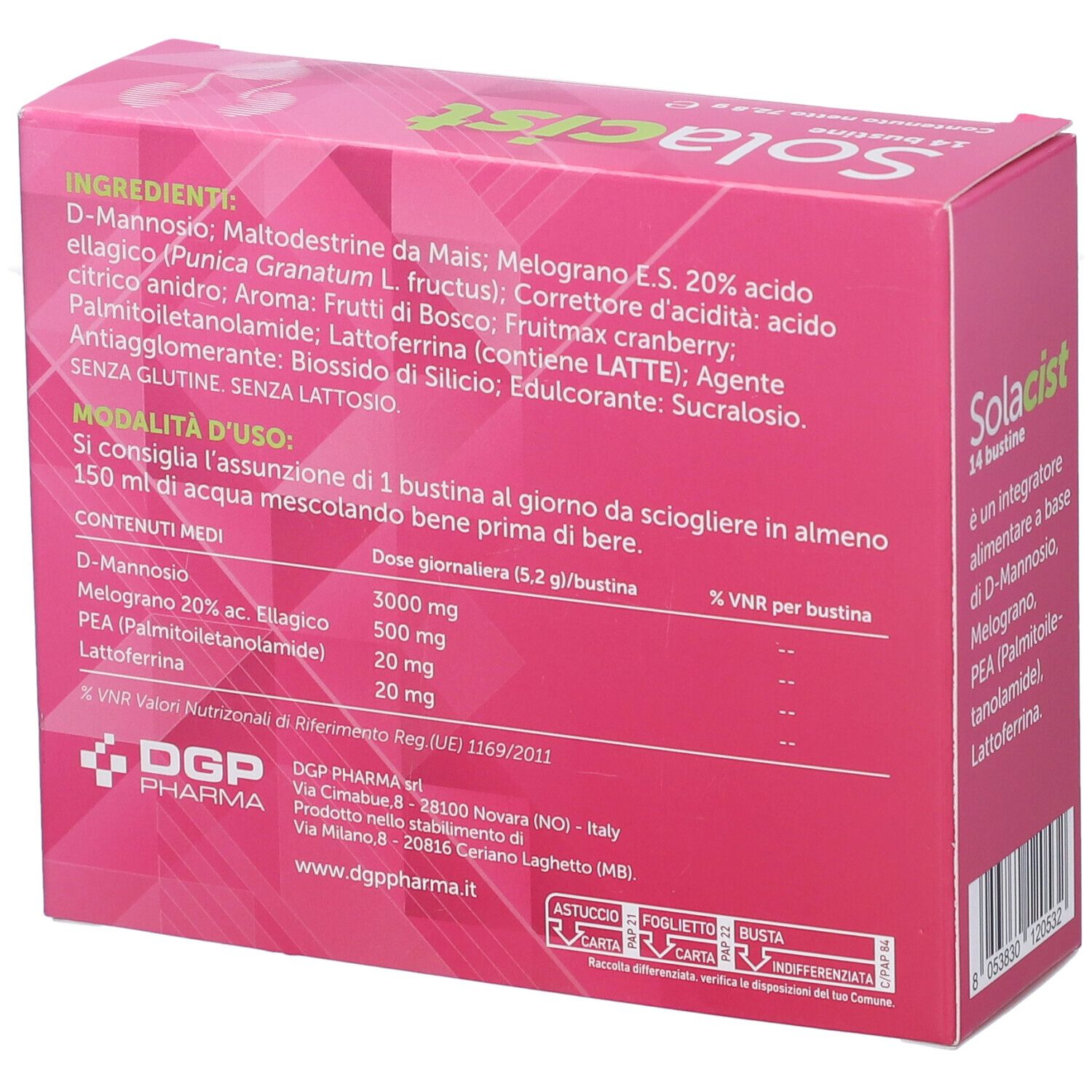 Retro della scatola rosa Solacist. Contiene ingredienti, modalità d'uso e informazioni nutrizionali.