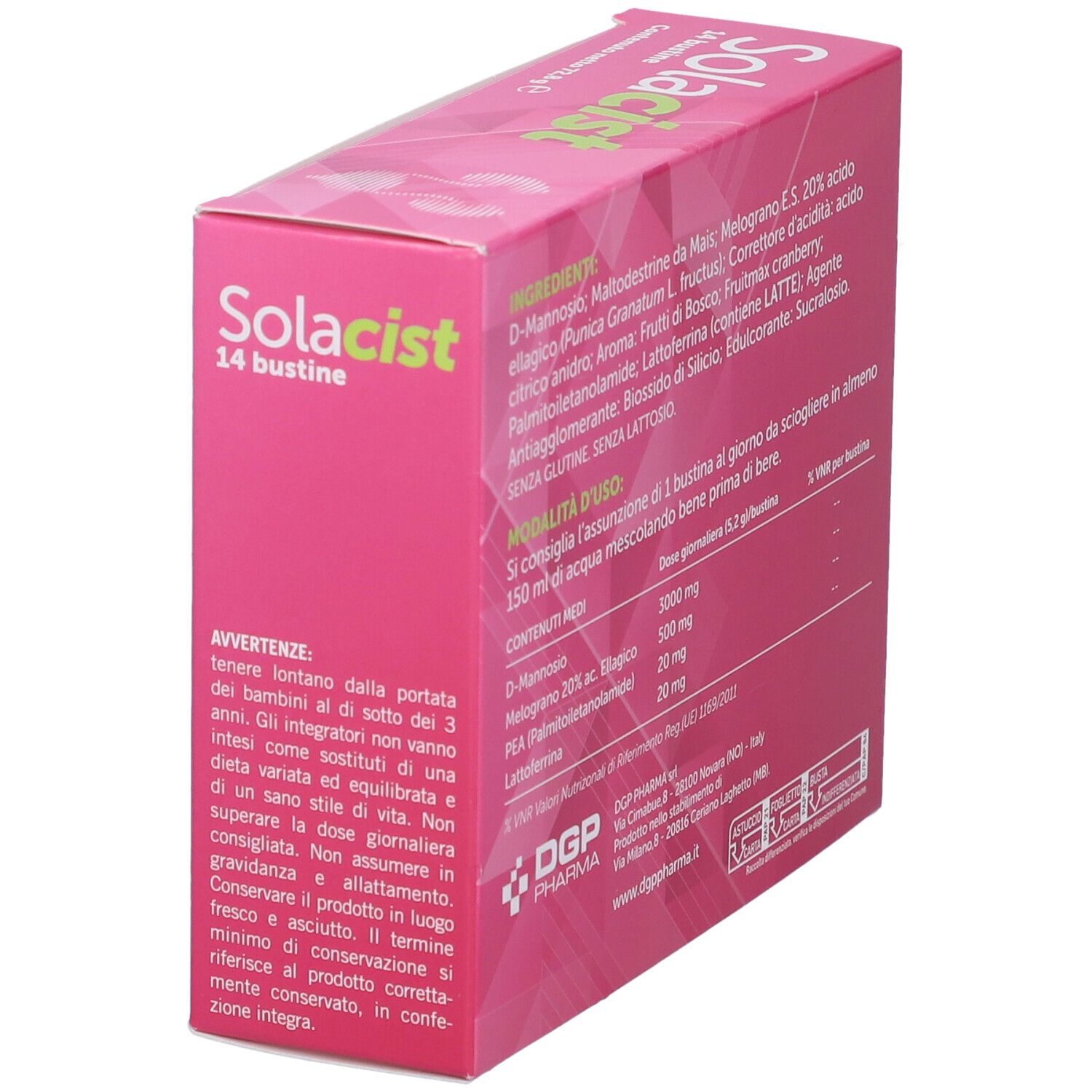 Scatola rosa inclinata con Solacist e 14 bustine. Mostra ingredienti, modalità d'uso e avvertenze.
