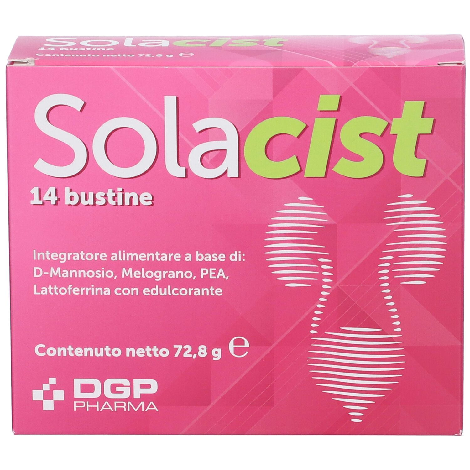 Scatola rosa con Solacist e 14 bustine. Mostra informazioni sul prodotto e logo.