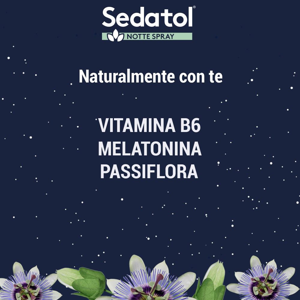 Testo: Vitamina B6, Melatonina, Passiflora. Sfondo blu con stelle e fiori.