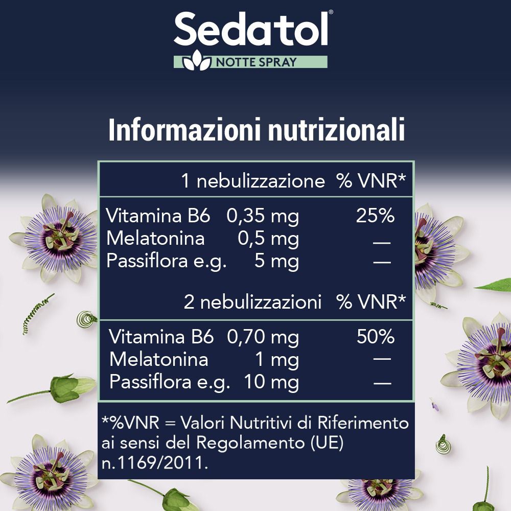 Informazioni nutrizionali. Testo: Vitamina B6, Melatonina, Passiflora. 1 e 2 spruzzi.