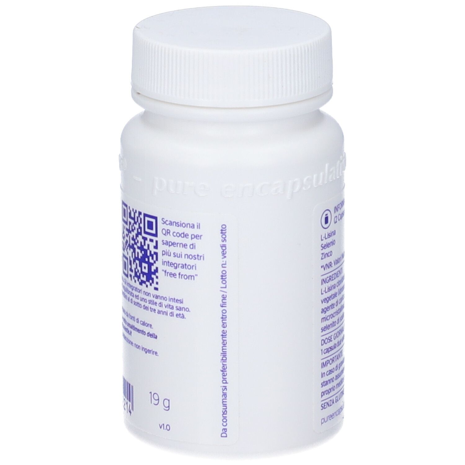 Flacone bianco con codice QR e testo. Contiene informazioni sugli ingredienti e il dosaggio raccomandato. Testo in italiano.