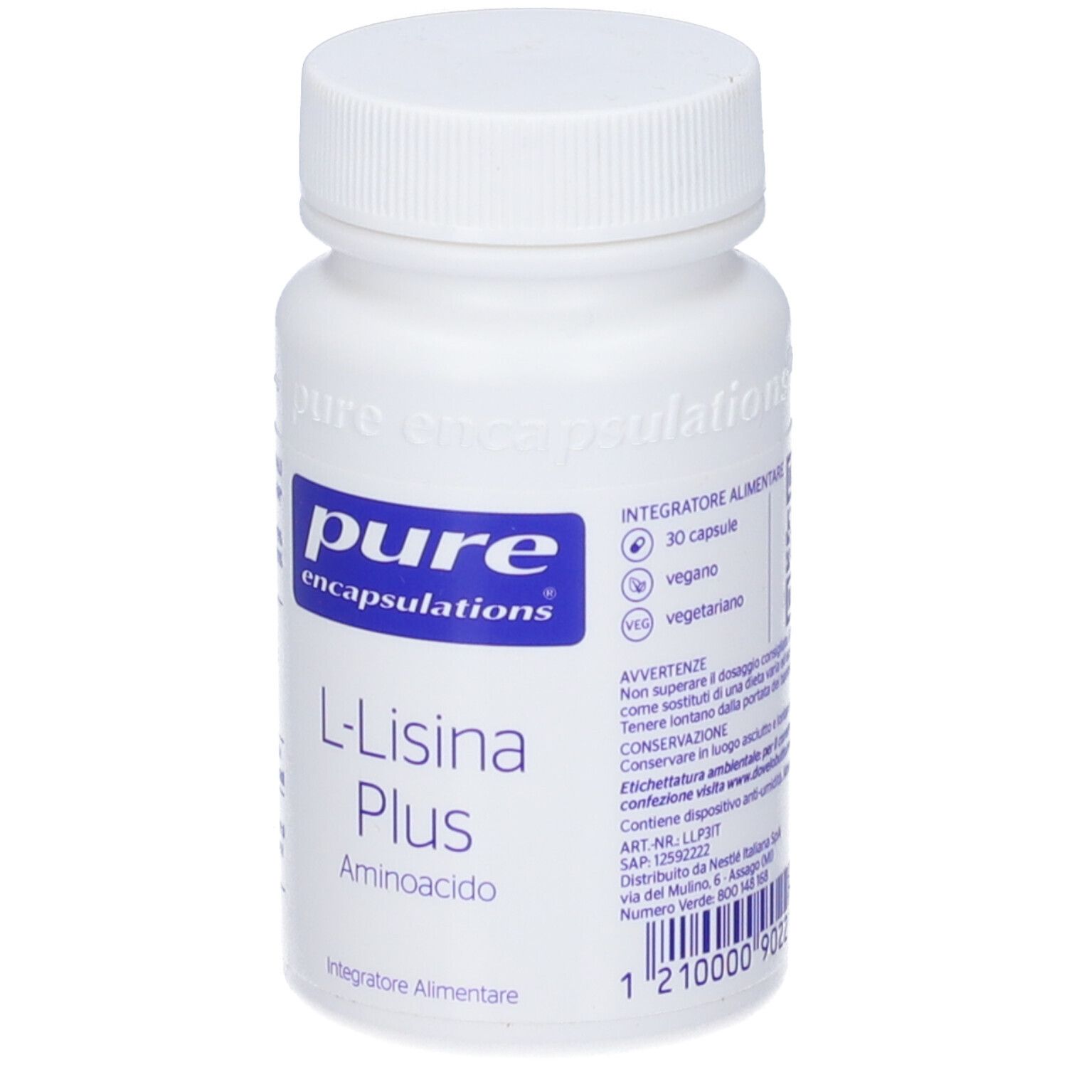 Flacone bianco con etichetta blu. Scritta: Pure Encapsulations, L-Lisina Plus, Aminoacido. 30 capsule.