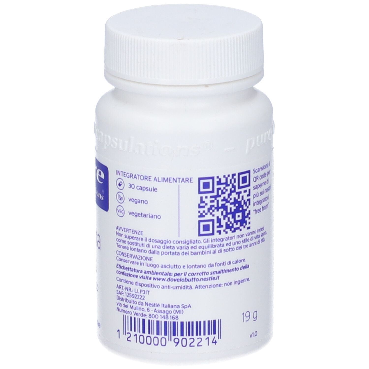 Flacone bianco con codice QR e testo. Contiene informazioni sugli ingredienti e il dosaggio raccomandato. 30 capsule.