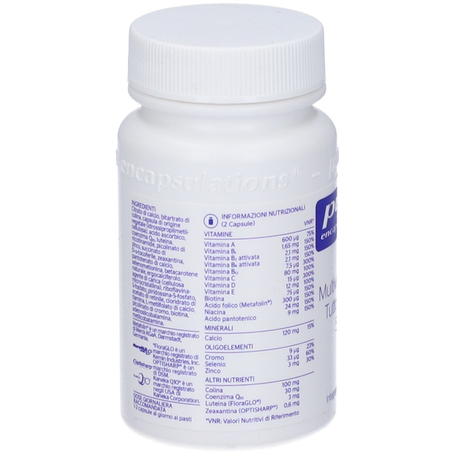 Retro del flacone bianco. Contiene elenco ingredienti, informazioni nutrizionali e informazioni su minerali e oligoelementi. Codice QR.