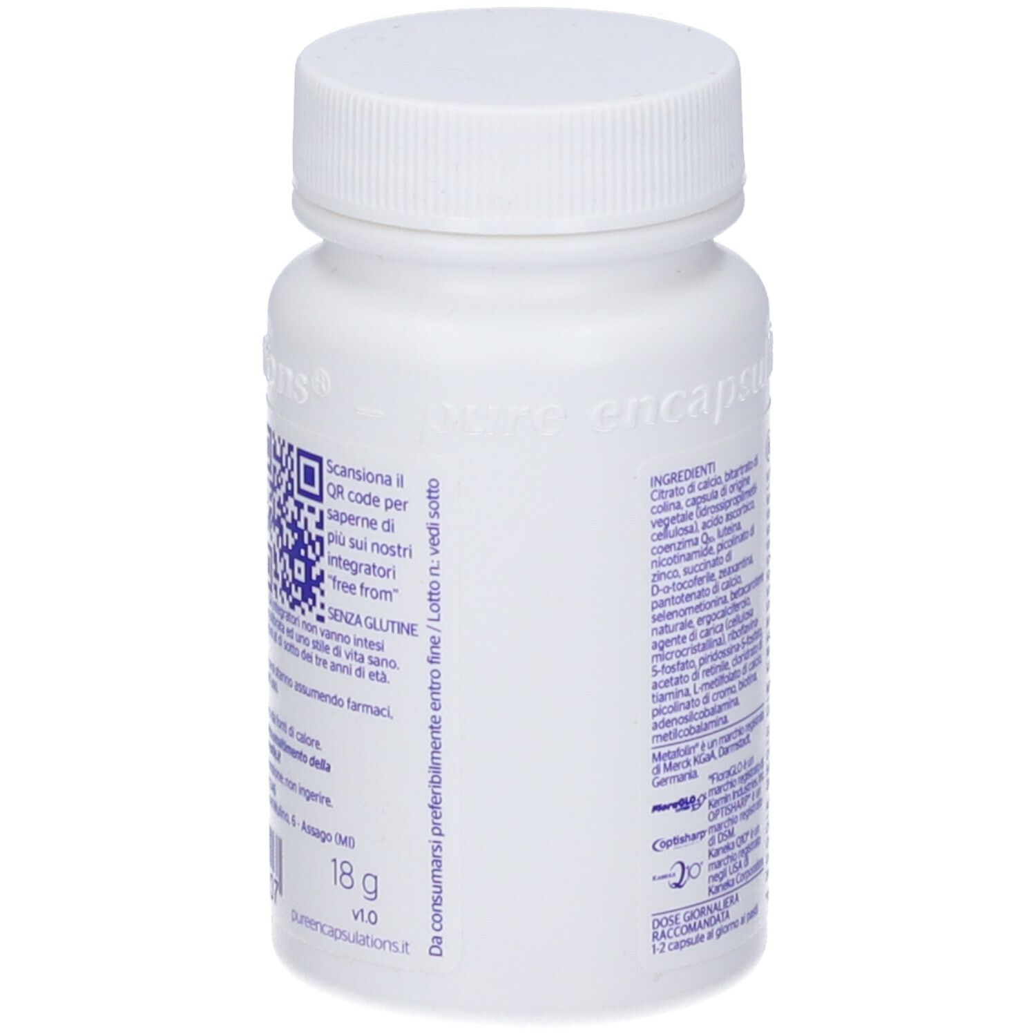 Flacone bianco con tappo. Scritta: Pure Encapsulations. Codice QR per maggiori informazioni. Contiene 18 g. Senza glutine.