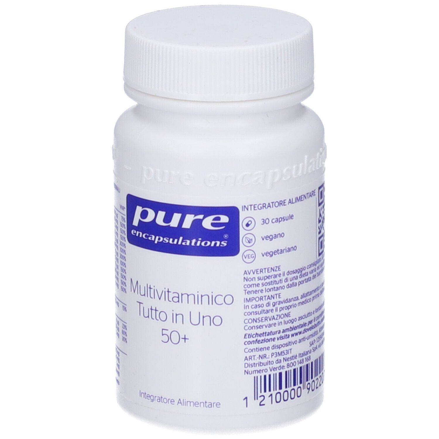 Flacone bianco con tappo. Scritta: Pure Encapsulations, Multivitaminico Tutto In Uno 50+. Contiene 30 capsule. Vegano e vegetariano.