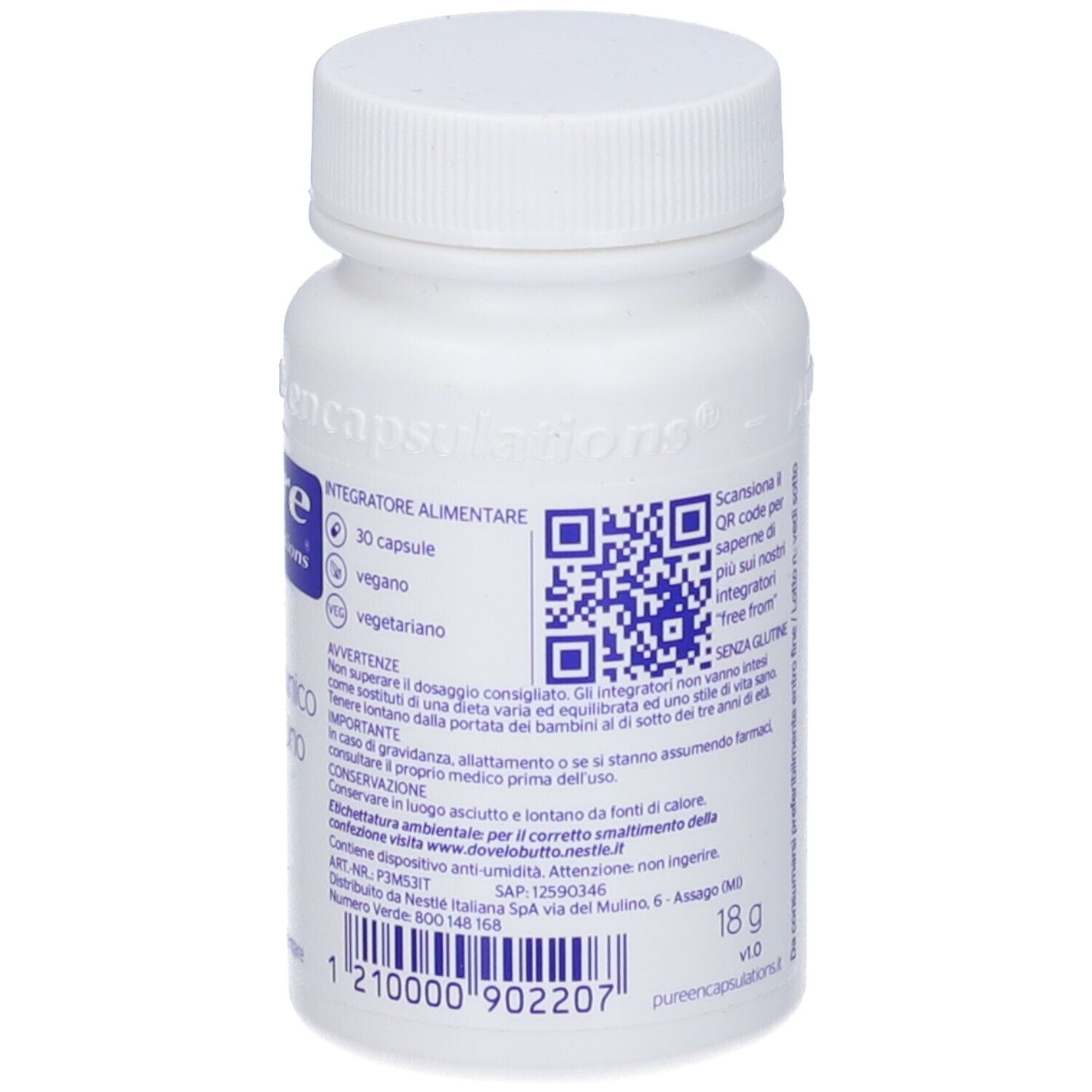 Retro del flacone bianco. Contiene codice QR, informazioni sugli ingredienti, indicazione vegano/vegetariano e contenuto di 18 g.