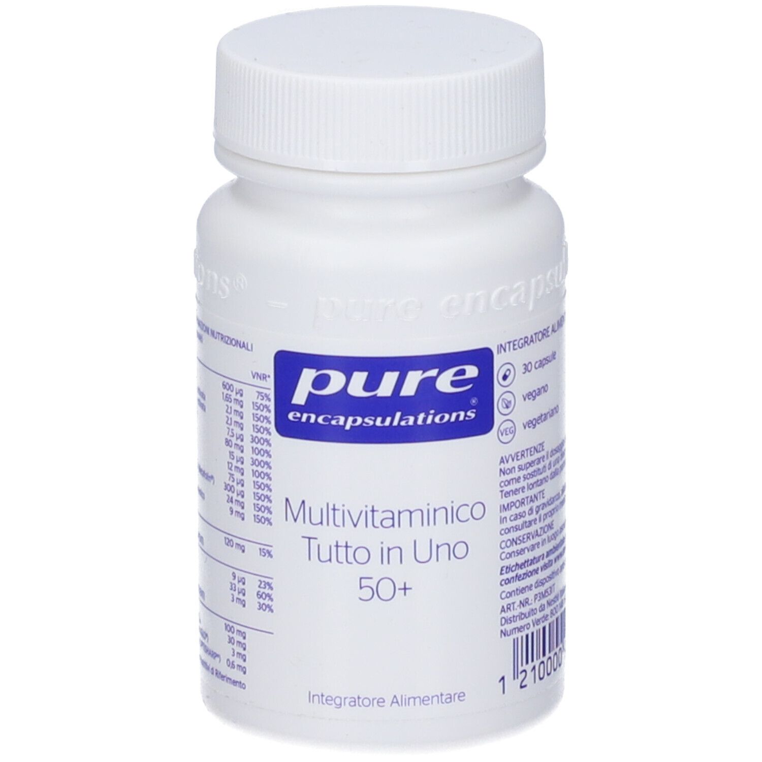 Flacone bianco con tappo. Scritta: Pure Encapsulations, Multivitaminico Tutto In Uno 50+. Contiene 30 capsule. Etichetta con informazioni nutrizionali.
