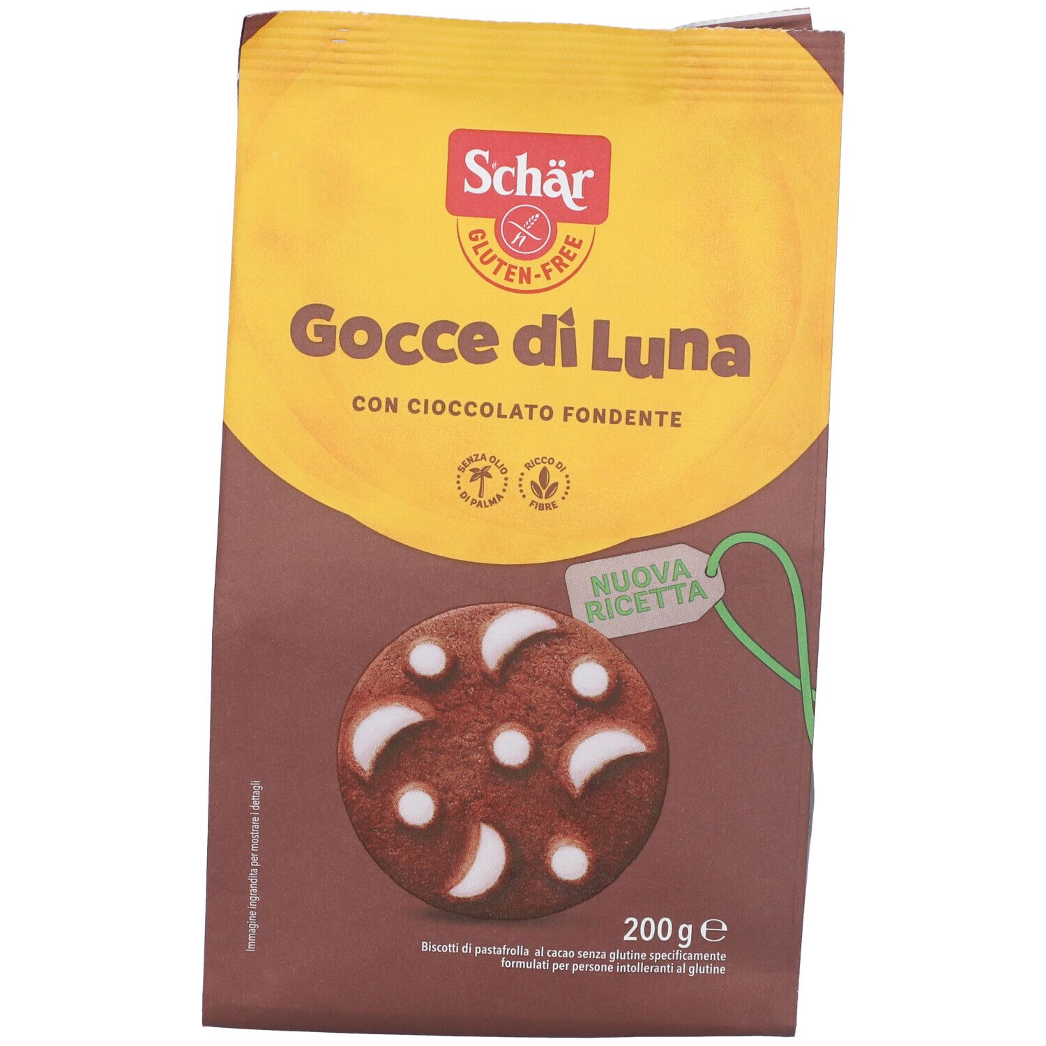 Confezione Schar Gocce di Luna. Sacchetto giallo-marrone con nome, immagine e testo: 'NUOVA RICETTA'.